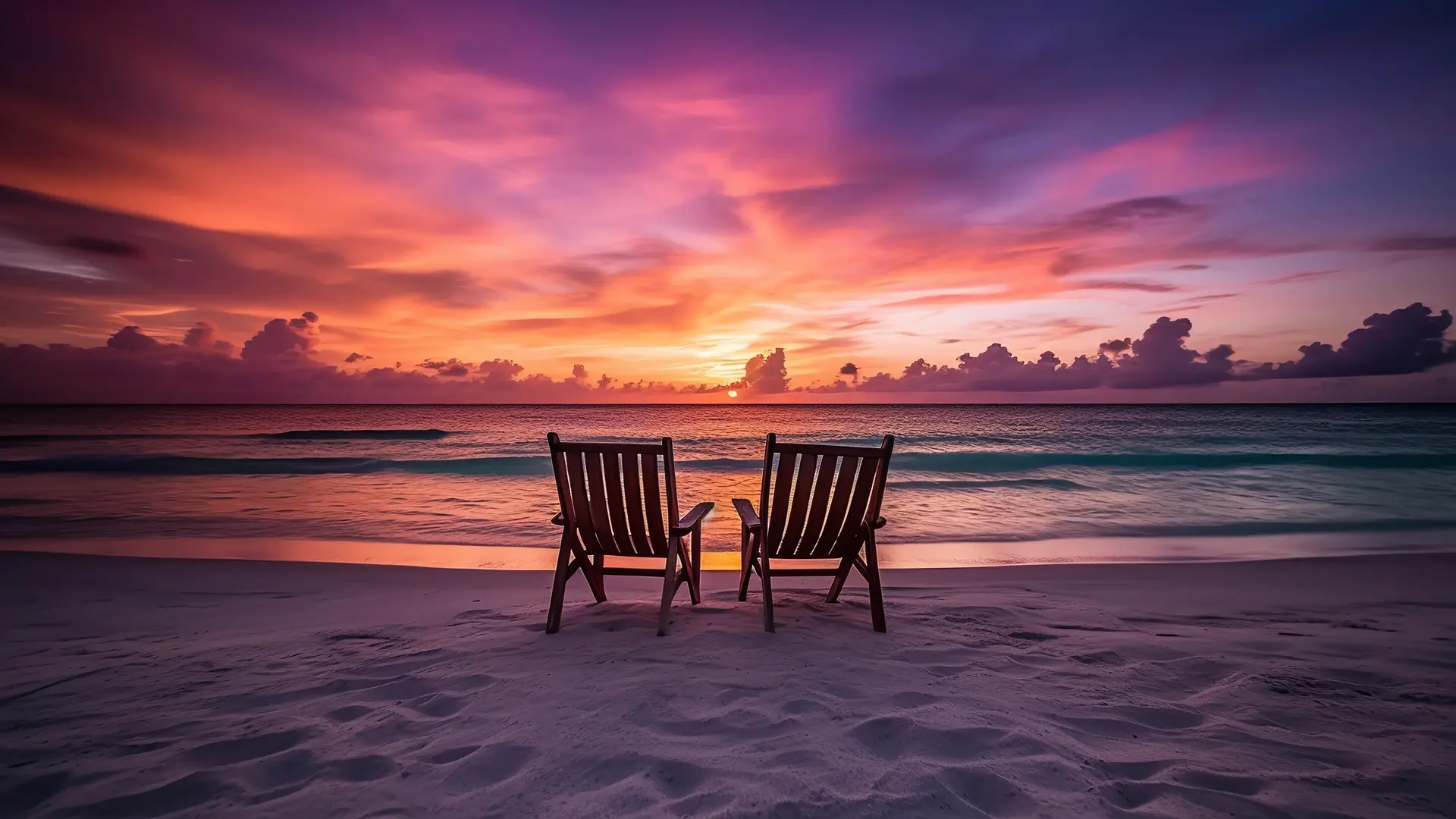 Two beach chairs on a serene white sand beach at sunset, framed by a stunning sky of pink, yellow, and purple hues reflecting on the ocean.