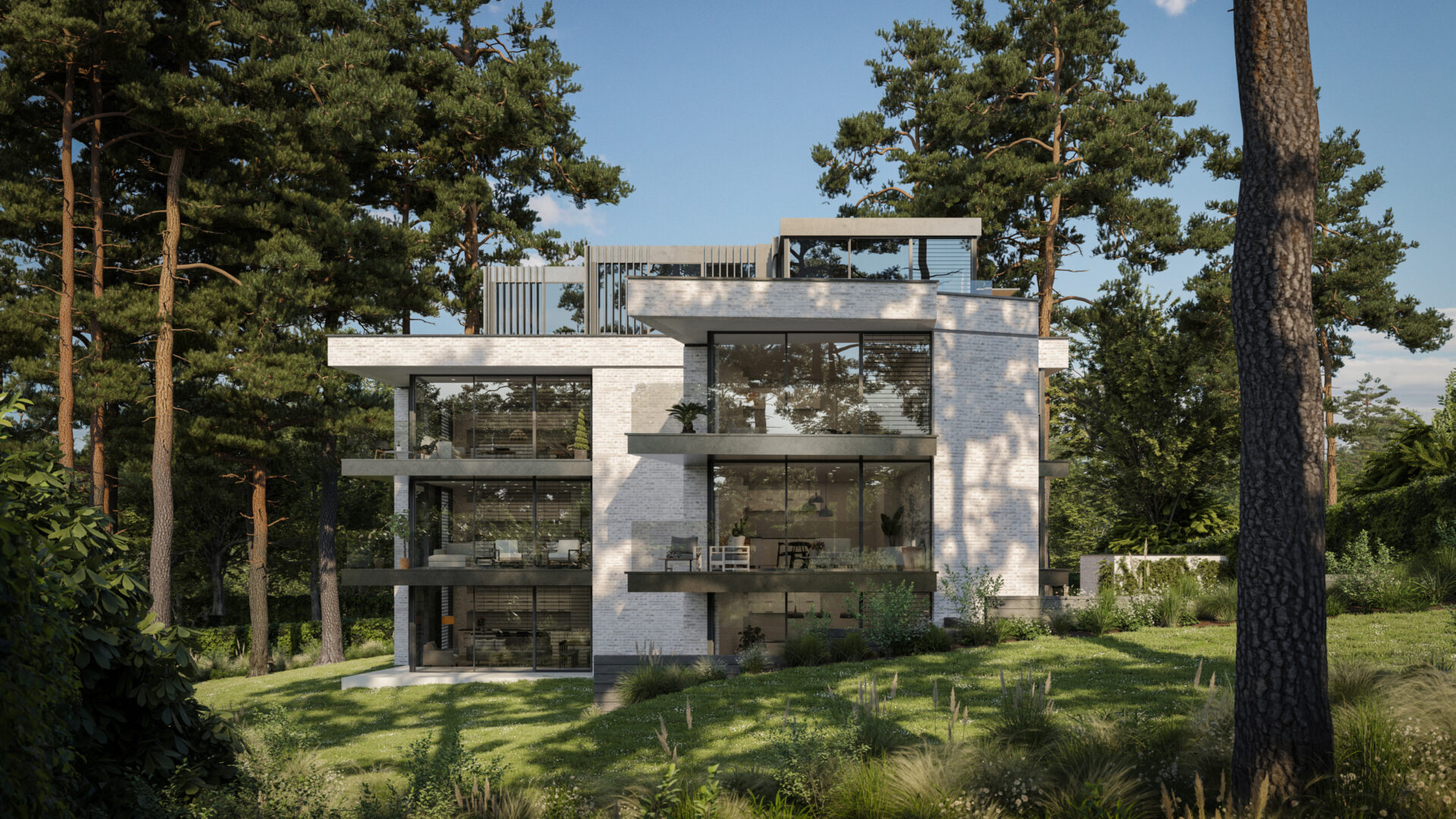 Rear view of Bruscia – Exclusive Apartments & Penthouse in Branksome, Dorset, showcasing modern architecture, private terraces, and landscaped surroundings.