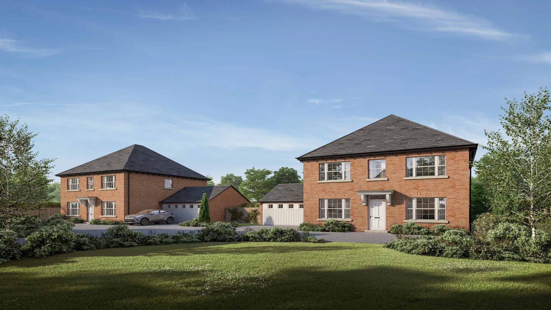 CGI of Mottisfont, featuring two of the six luxury countryside homes in Houghton, Stockbridge, Hampshire, surrounded by scenic countryside.